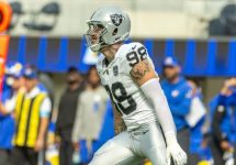 Las Vegas Raiders defense end Maxx Crosby #98 celebrates after an interception against the Los Angeles Rams in an NFL football game at SoFi Stadium^ Oct. 20^ 2024^ in Inglewood^ Calif.