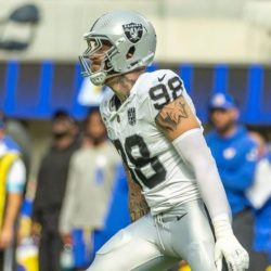 Las Vegas Raiders defense end Maxx Crosby #98 celebrates after an interception against the Los Angeles Rams in an NFL football game at SoFi Stadium^ Oct. 20^ 2024^ in Inglewood^ Calif.